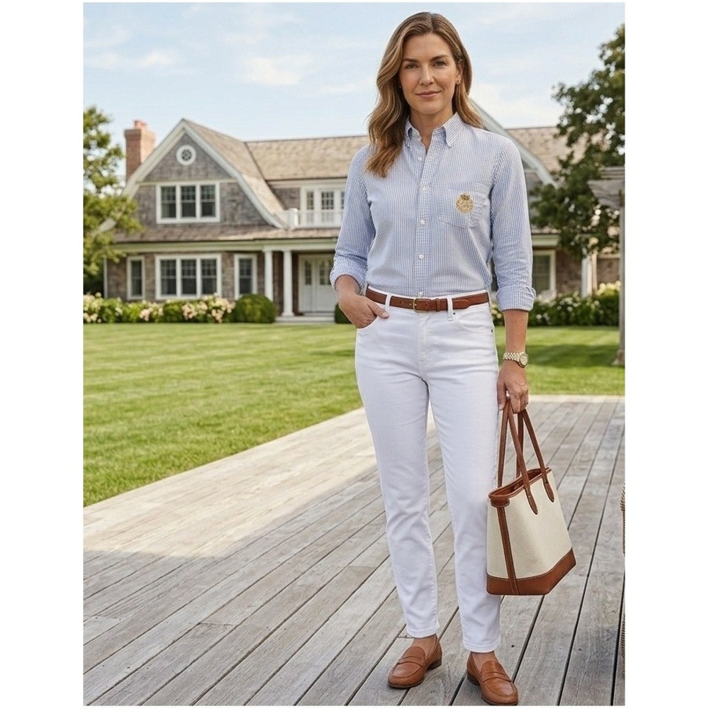 Lauren Ralph Lauren Button Down Shirt Womens 10 Striped Cotton Crest Preppy